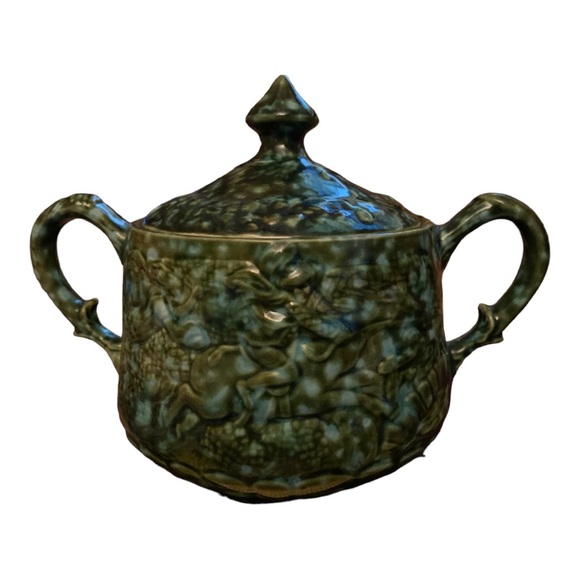 Vintage Green Forest with Turquoise Sugar Bowl w lid by A.S. 1971 - Rare - Picture 1 of 3